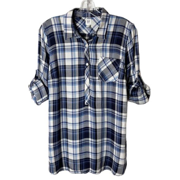 Gap Maternity Womens 1/2 Button Pullover Shirt XS Blue Plaid Lightweight Flannel - Picture 1 of 8
